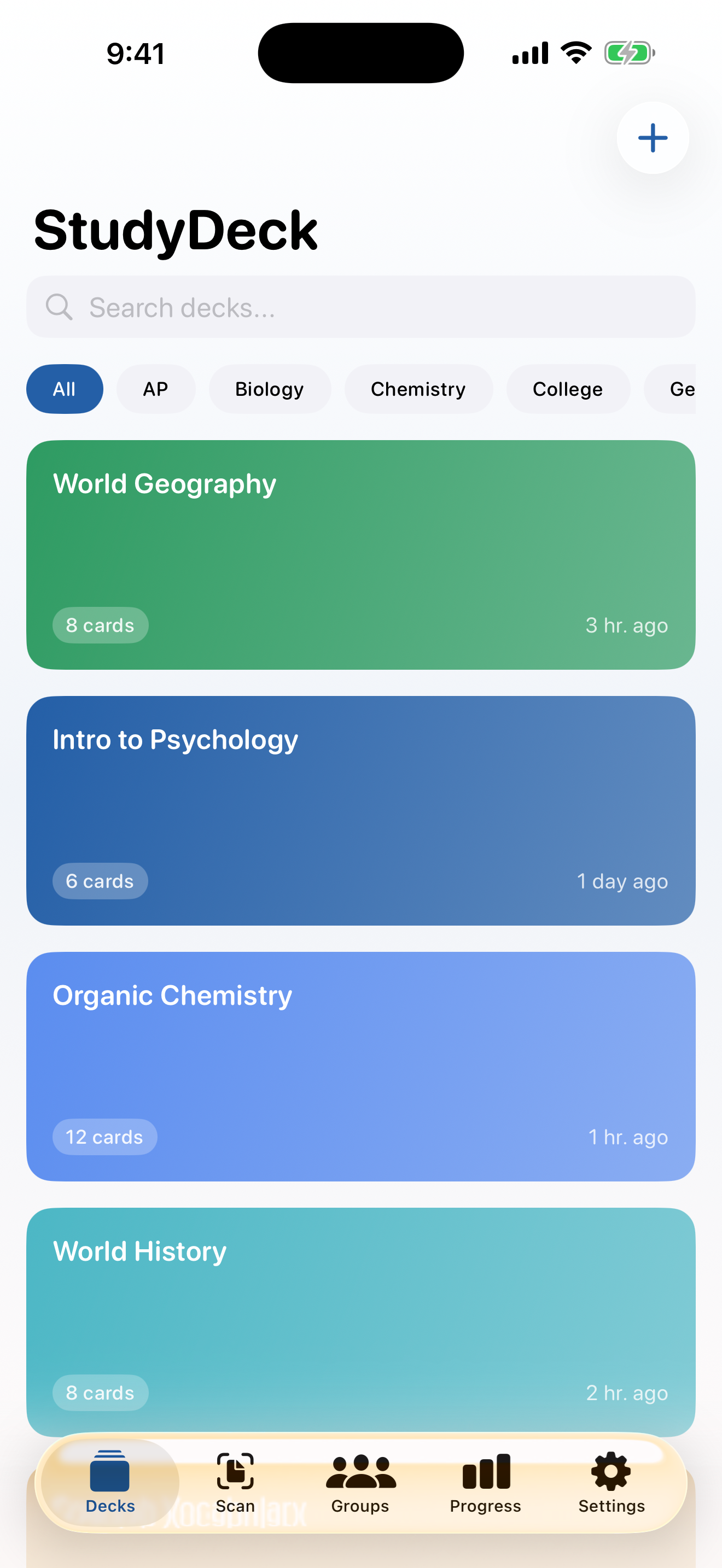 StudyDeck deck library screen